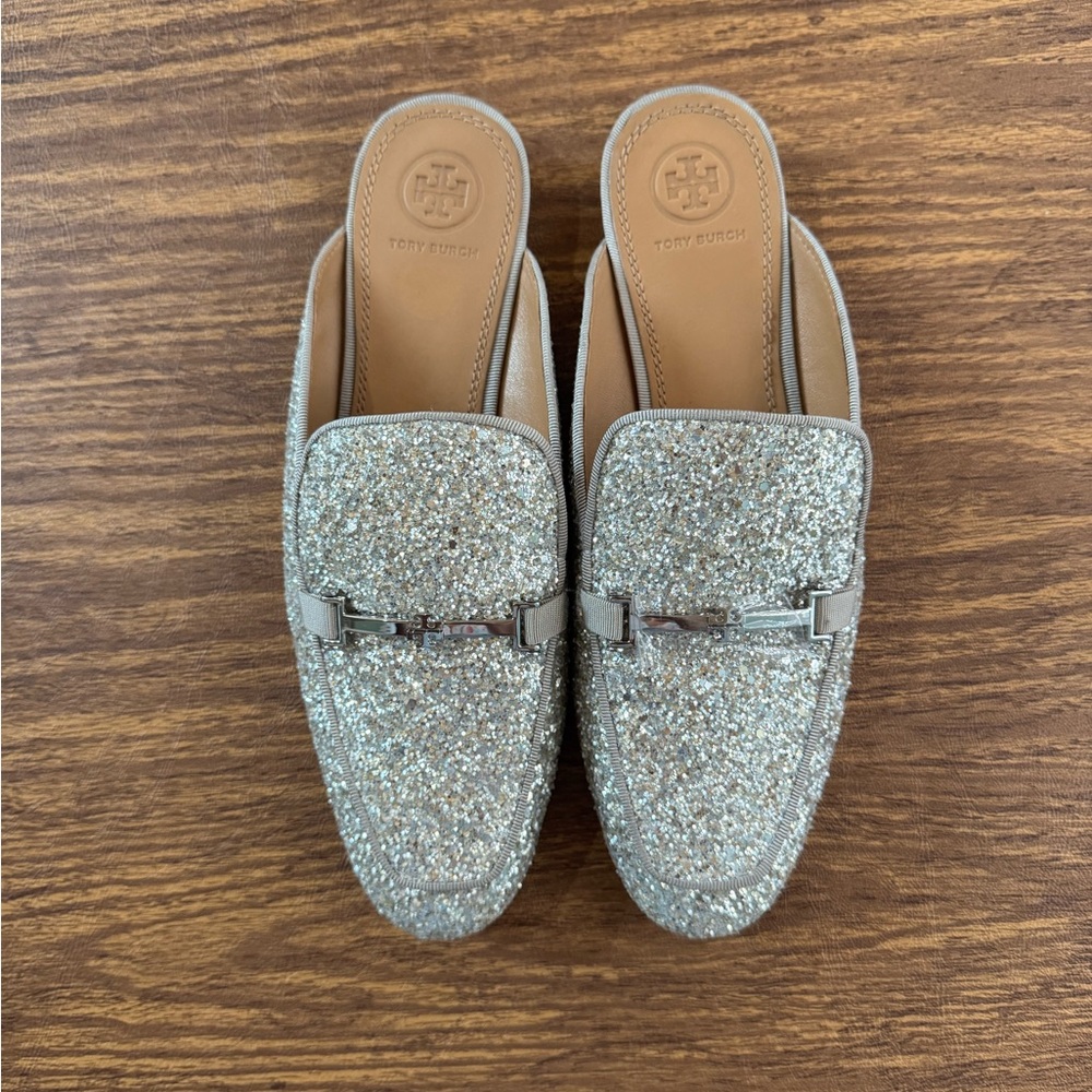 Tory Burch Amelia Glitter Silver Loafers